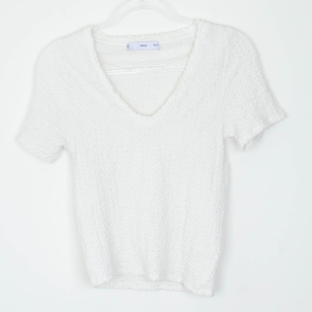 Mango Womens‎ Textured White V Neck Short Sleeve Top Size S Casual Everyday